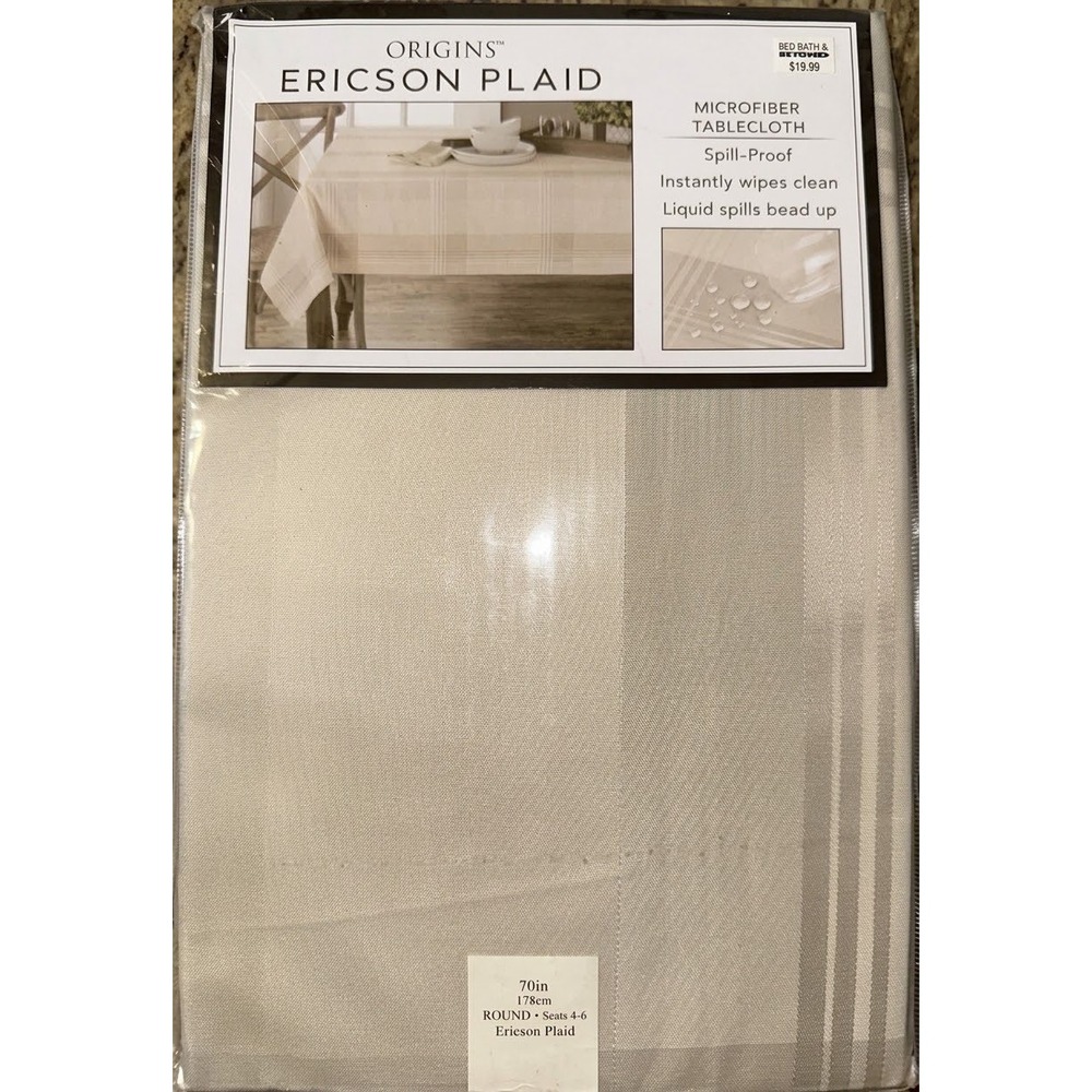 Round Tablecloth 70in Beige Plaid Spill-Proof Microfiber Origins Ericson